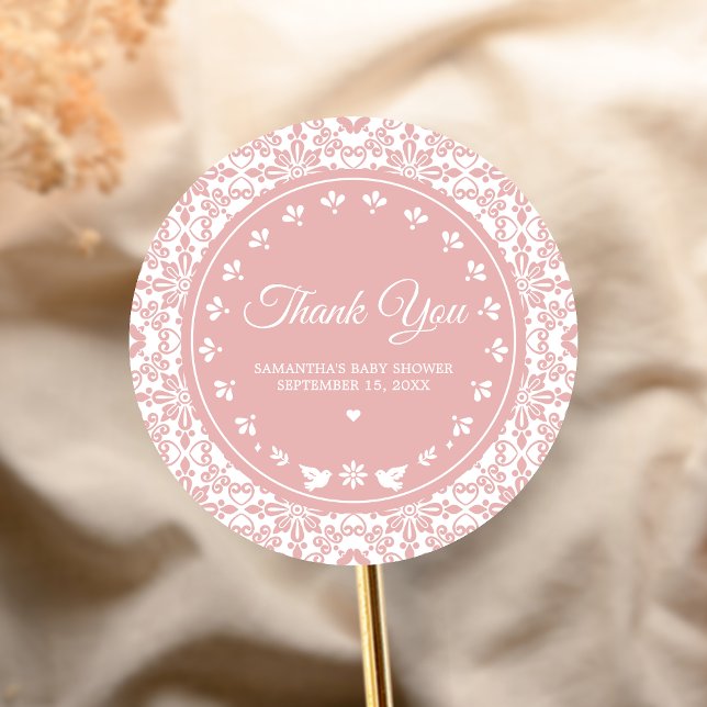 Pink Cielito Lindo Papel Picado Baby Shower Classic Round Sticker (Cielito Lindo Papel Picado Fiesta Baby Shower Sticker)