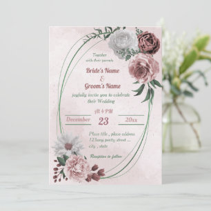 pink cinnamon rose white floral geometric wedding invitation