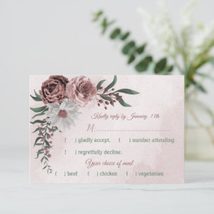 pink cinnamon rose white floral meal choice RSVP card