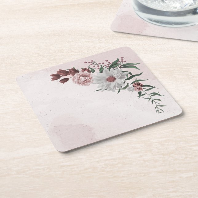pink cinnamon rose white floral square paper coaster (Angled)