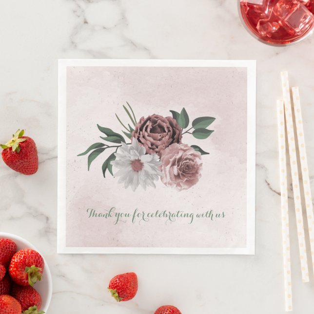  pink cinnamon rose white floral wedding paper dinner napkins (Insitu)