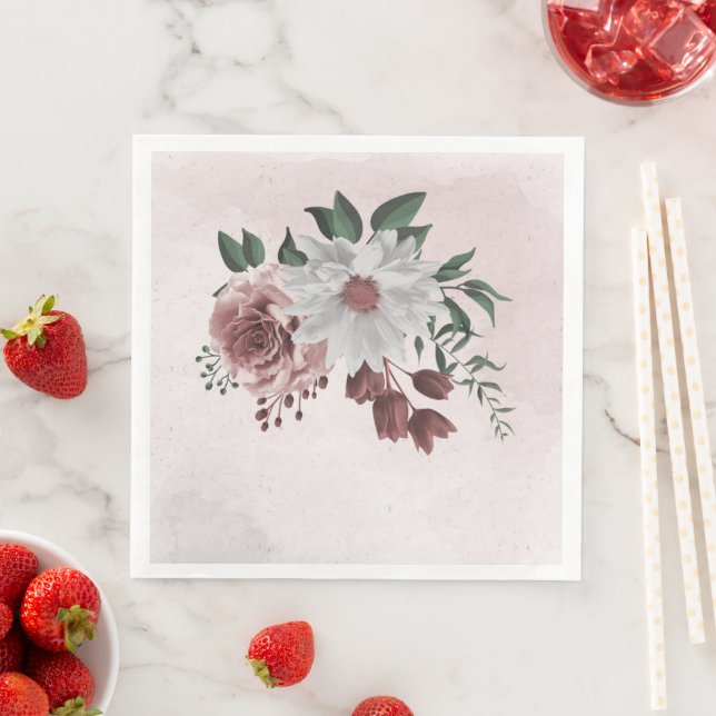  pink cinnamon rose white floral wedding  paper dinner napkins (Insitu)