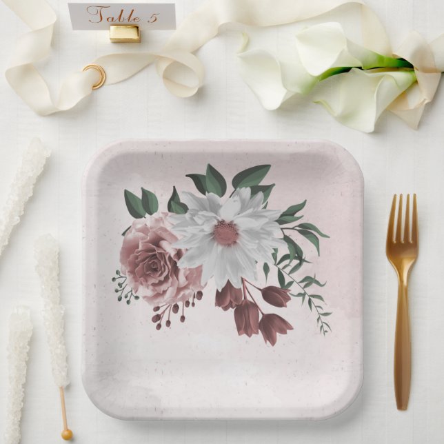  pink cinnamon rose white floral wedding paper plates (Wedding)
