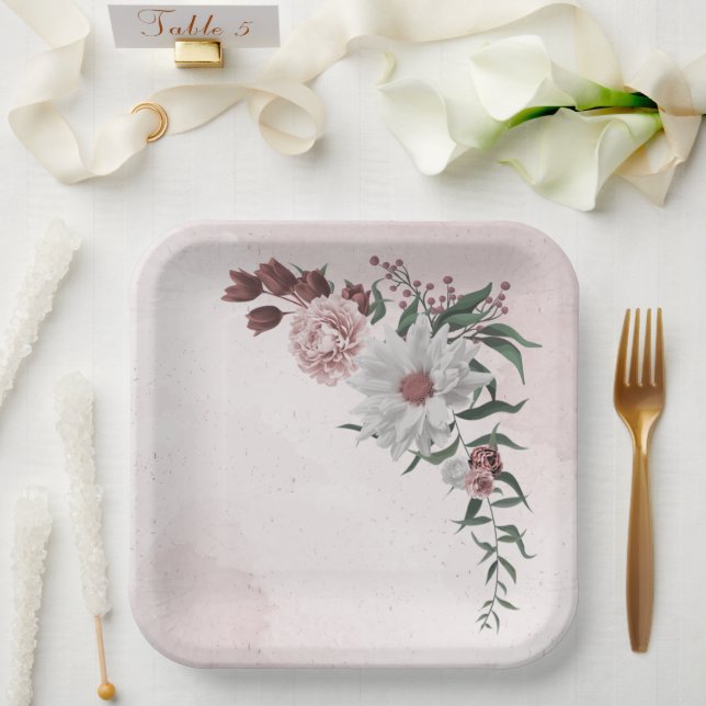 pink cinnamon rose white floral wedding paper plates (Wedding)