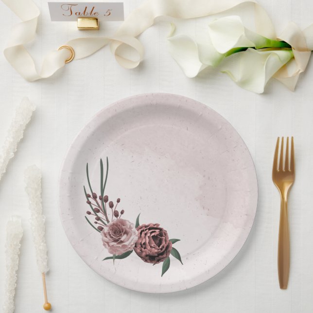  pink cinnamon rose white floral wedding paper plates (Wedding)