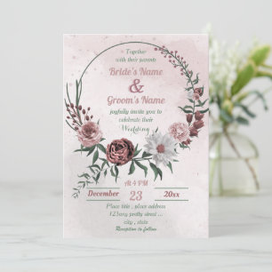 pink cinnamon rose white floral wreath wedding invitation