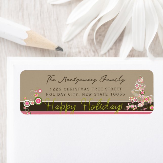 Pink Circles Mod Christmas Tree Holiday Address Label (Insitu)