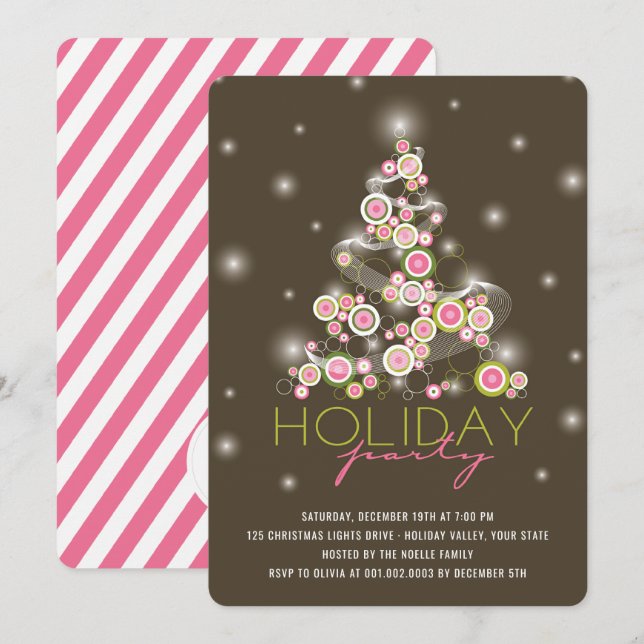Pink Circles Sparkles Christmas Tree Holiday Party Invitation (Front/Back)