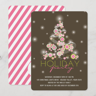 Pink Circles Sparkles Christmas Tree Holiday Party Invitation