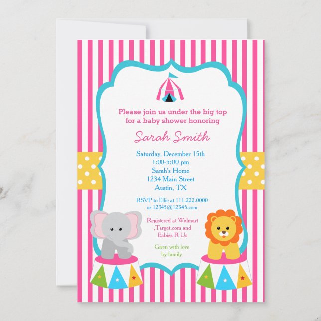 Pink Circus Carnival Baby Shower Invitations Girls (Front)