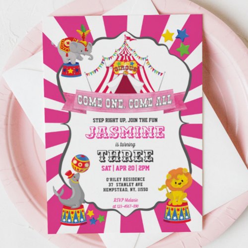 Pink Circus Carnival Birthday Invitation