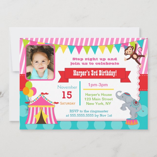 Pink Circus Carnival Photo Birthday Invitations (Front)