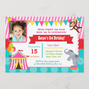 Pink Circus Carnival Photo Birthday Invitations