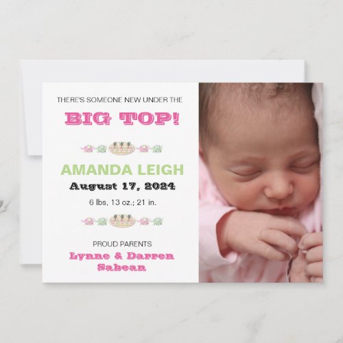 Pink Circus Party Photo Birth Announcement