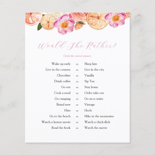Pink Citrus Bridal Would She Rather Game (Front)