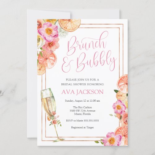Pink Citrus Brunch and Bubbly Bridal Shower Invitation