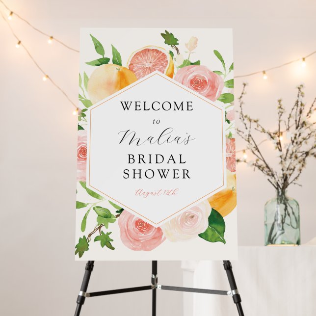 Pink Citrus Floral Bridal Shower Welcome Sign (In Situ (Stand))