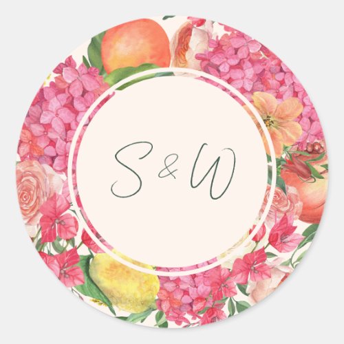 Pink Citrus Floral Wedding Monogram Sticker
