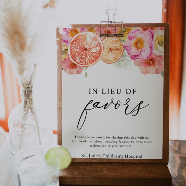 Pink Citrus Flower In Lieu of Favors Donation Sign (Creator Uploaded)