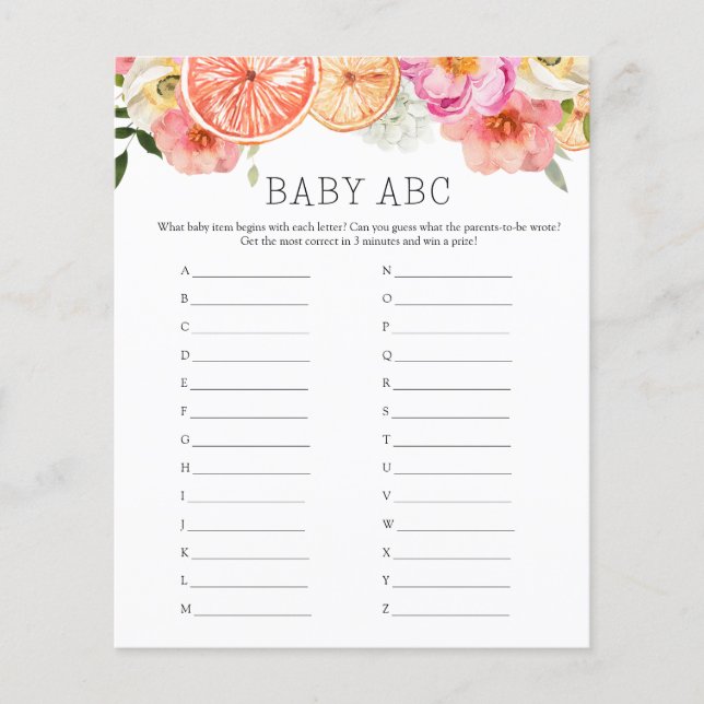 Pink Citrus Flowers Baby ABC Baby Shower Game  (Front)