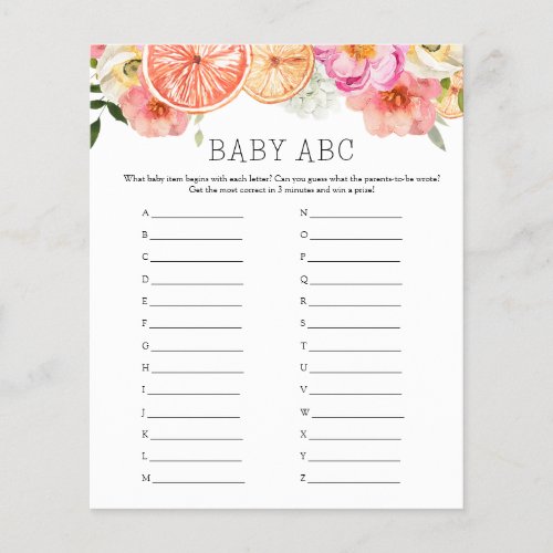 Pink Citrus Flowers Baby ABC Baby Shower Game 