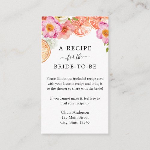 Pink Citrus Flowers Bridal Recipe Request Enclosure Card