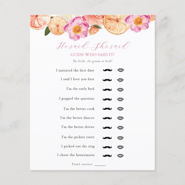 Pink Citrus  He Said, She Said Bridal Shower Game (Front)
