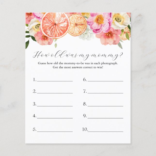 Pink Citrus How Old Was My Mommy Baby Shower Game (Front)