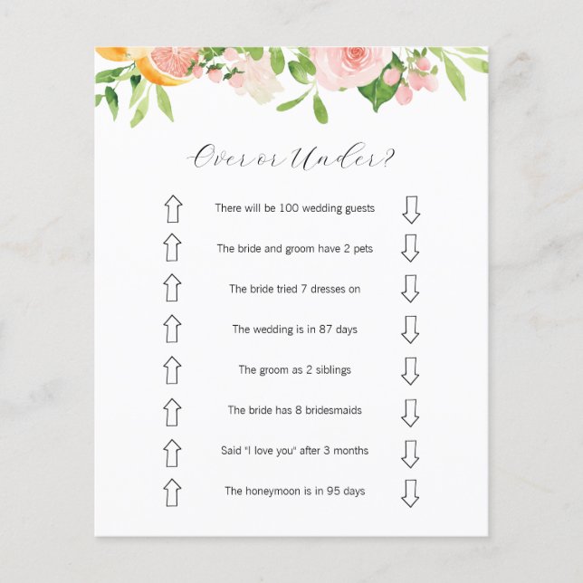 Pink Citrus Over or Under Bridal Shower Game  (Front)