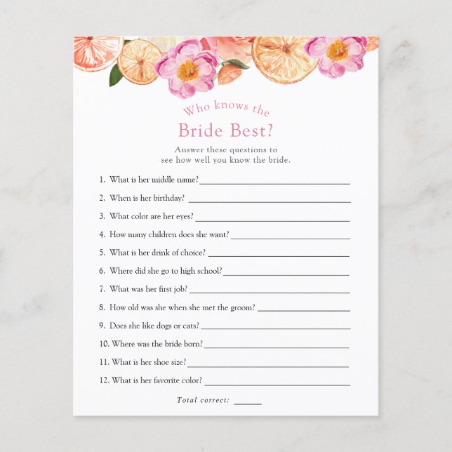 Pink Citrus Who Knows the Bride Best Bridal Game (Front)
