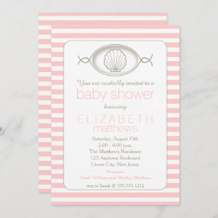 Pink Clamshell Striped Beach Theme Baby Shower Inv Invitation