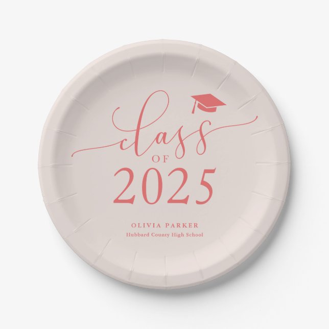 Pink Class of 2025 Graduation Party Paper Plates (Front)