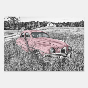 Pink Classic Car Wrapping Paper Sheets
