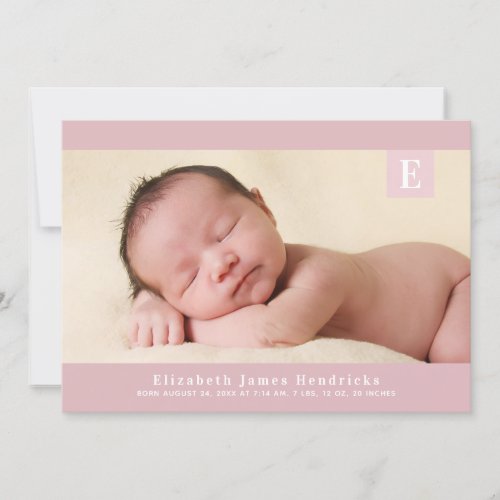 Pink Classic Monogram Baby Girl Photo Birth Announcement