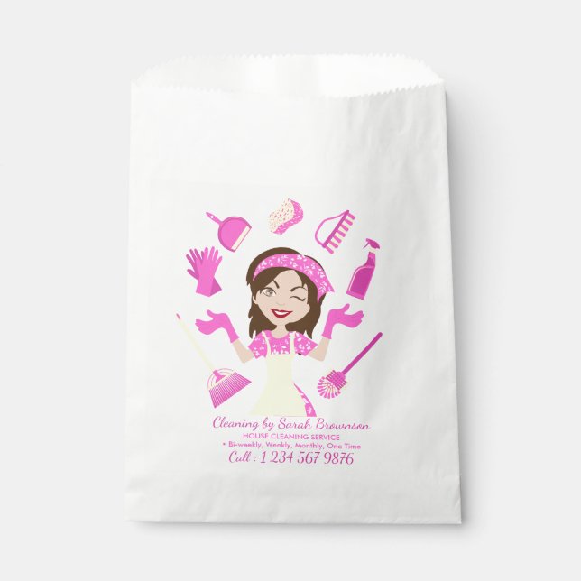 Pink Cleaning Housekeeper Lady Cartoon Favor Bag (Front)