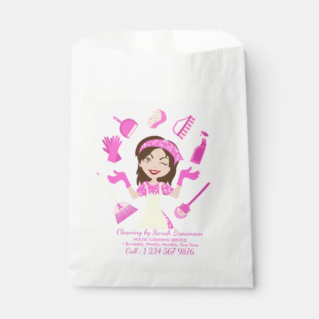 Pink Cleaning Housekeeper Lady Cartoon Favor Bag