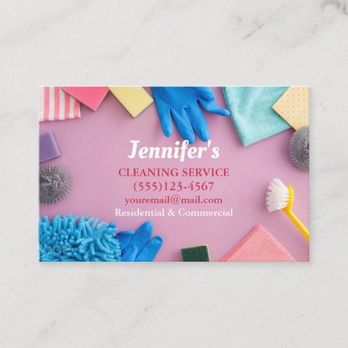 Pink Cleaning Supplies House Clean Service Business Card