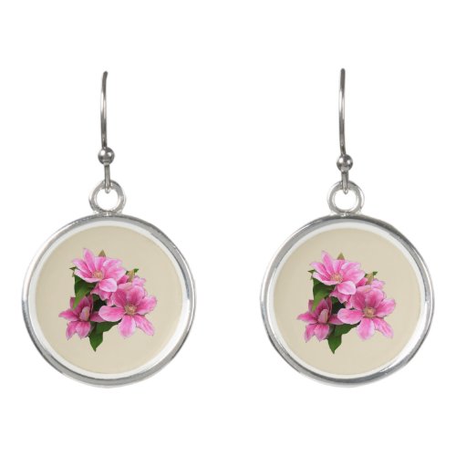 Pink Clematis flower illustration beige Earrings