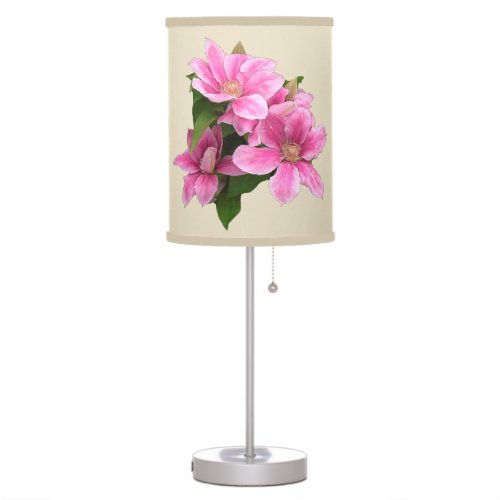Pink clematis flower illustration beige table lamp