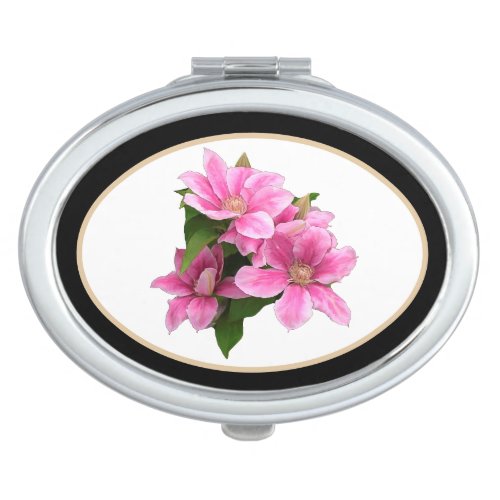 Pink clematis flower illustration black compact mirror