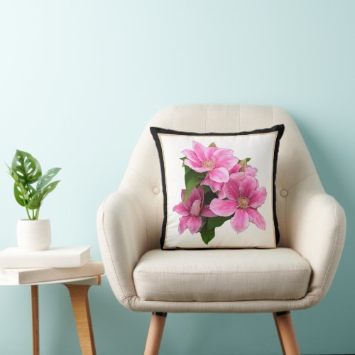 Pink clematis flower illustration black throw pillow
