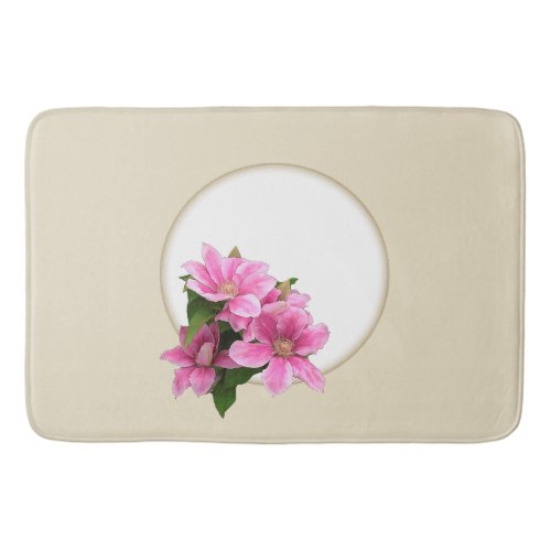 Pink clematis flower illustration circle beige bath mat