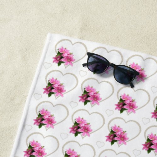 Pink clematis flower illustration heart white beach towel