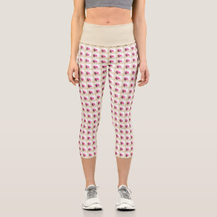 Pink clematis flower illustration square beige capri leggings