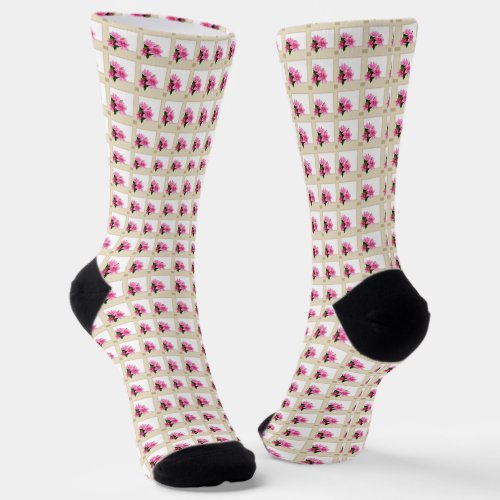 Pink clematis flower illustration square beige socks