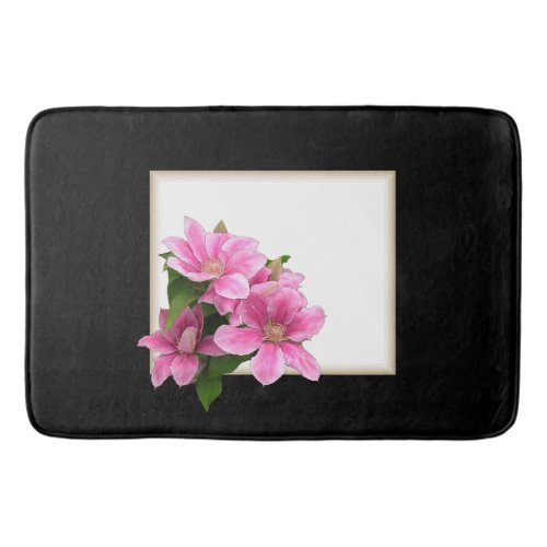 Pink clematis flower illustration square black bath mat