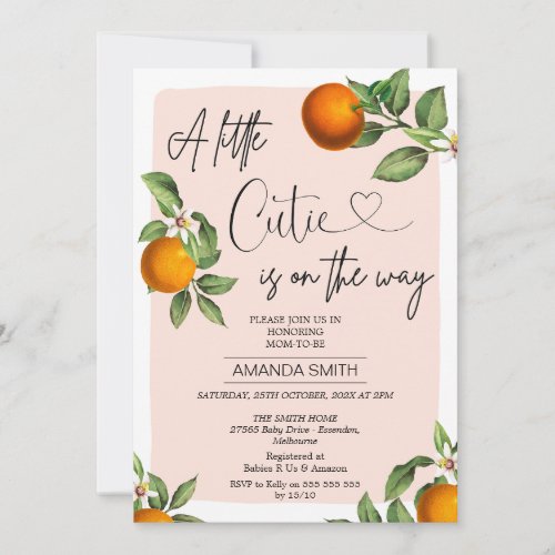 Pink Clementine Oranges Little Cutie Baby Shower Invitation