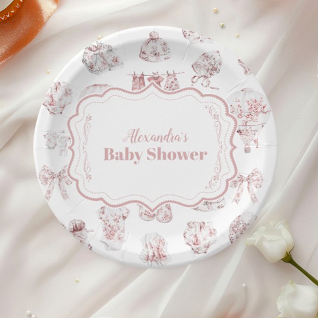 Pink Clothes Toile De Jouy  Baby Shower Paper Plates (Creator Uploaded)