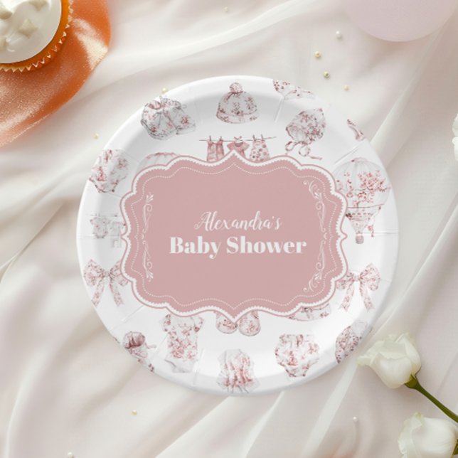 Pink Clothes Toile De Jouy  Baby Shower Paper Plates (Creator Uploaded)