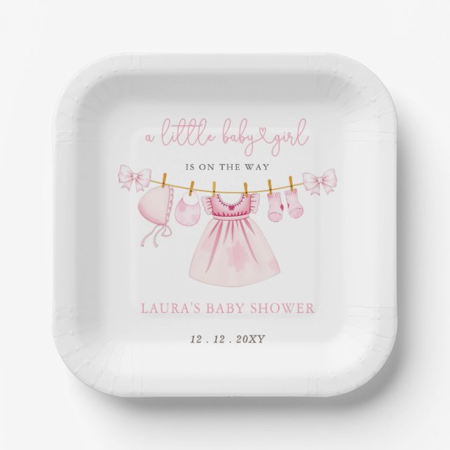 Pink Clothesline Coquette Bow Girl Baby Shower Paper Plates (Front)